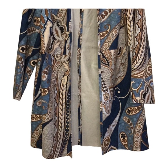 Chico’s size XL blue print micro suede retro print 3 quarter length open front - Picture 8 of 10